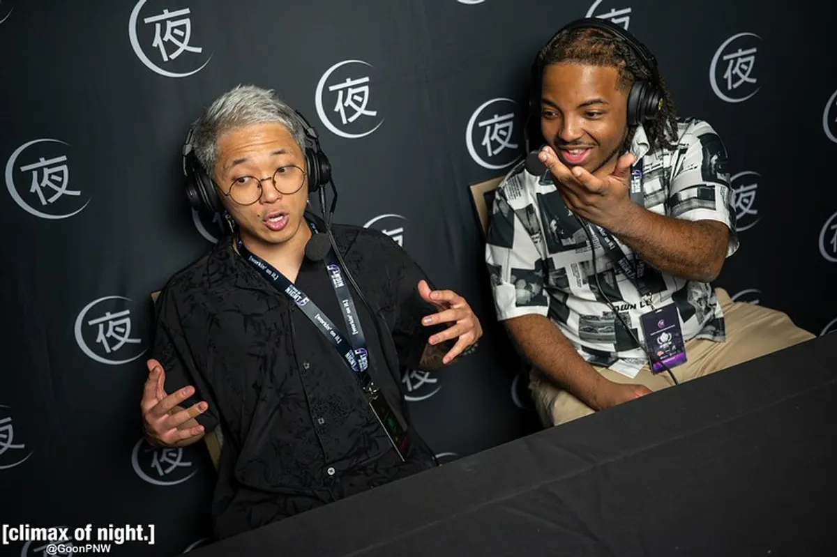 Photo by @GoonPNW on Twitter/X of Noah Lee (enpicie) commentating Melty Blood at Climax of Night F (2025) with Sikanto (AKA Galva)